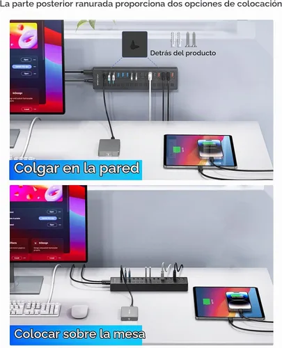 Vista 6 de Concentrador USB 3.0 alimentado, concentrador USB ACASIS de 16 puertos (incluye 2 puertos de carga inteligente USB C 3.0+4) con adaptador