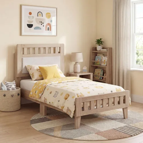Vista 3 de KOMFOTT Base de cama individual de madera con cabecera tapizada, plataforma moderna de mediados de siglo con espacio debajo de la cama, base