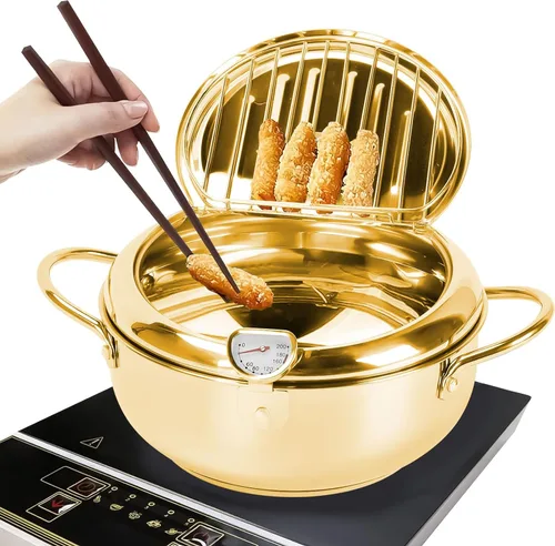 Vista 7 de Olla para freír tempura de 11 pulgadas/4.2 L con tapa, olla de acero inoxidable 304 con control de temperatura y rejilla de drenaje de aceite