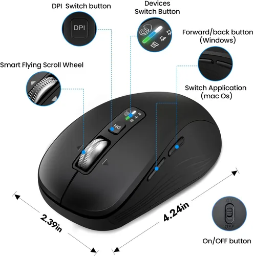 Vista 4 de Ratón Bluetooth inalámbrico, multimodo de 3 dispositivos (USB + 2 Bluetooth), rueda de desplazamiento de metal de 4 vías, DPI ajustable, clic