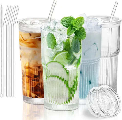Vista 7 de Taza de café helado con tapa y pajilla, vaso de vidrio acanalado de 18.6 onzas, vaso estético con tapa deslizante para matcha, Boba, batido, cerveza