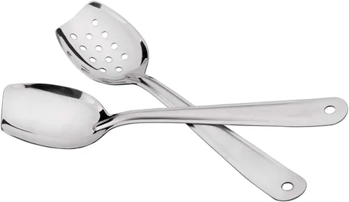Vista 9 de IMEEA Juego de 2 cucharas de cocina compactas de fondo plano de 8 pulgadas, cuchara de cocina ranurada y sólida de acero inoxidable 18/8, cuchara