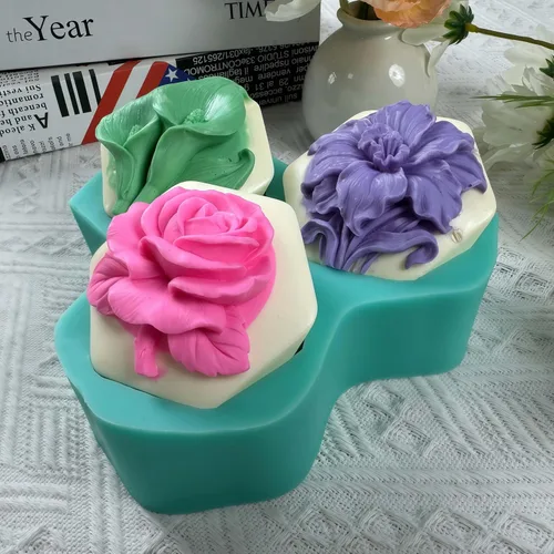 Vista 7 de Molde de jabón hexagonal para alivio de flores, 3 cavidades, molde de silicona para jabón natural, vela perfumada, cera de chocolate, mousse