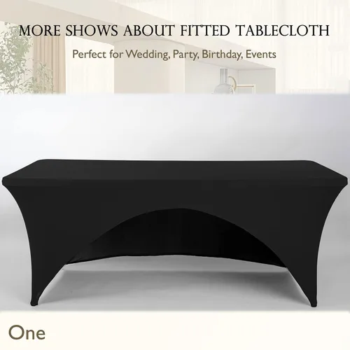 Vista 6 de Funda de mesa de poliéster ajustada de 4 pies con spandex, cubierta de mesa elástica, protector de mesa con parte trasera abierta - Negro