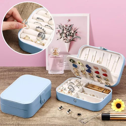 Vista 4 de Kigeli Joyero de viaje de piel sintética, pequeño joyero portátil para dama de honor, caja de regalo de doble capa, organizador de joyas de viaje