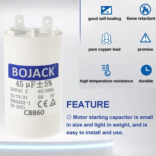 Vista 5 de BOJACK 45uf 45MFD uF CBB60 Condensador de funcionamiento de lavadora Frecuencia del condensador de funcionamiento del motor 50/60Hz 250VAC 250V Stud