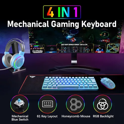 Vista 2 de Combo de teclado y auriculares mecánicos para juegos 60 con retroiluminación arco iris antifantasma 61 teclas micrófono ajustable de 6400 DPI