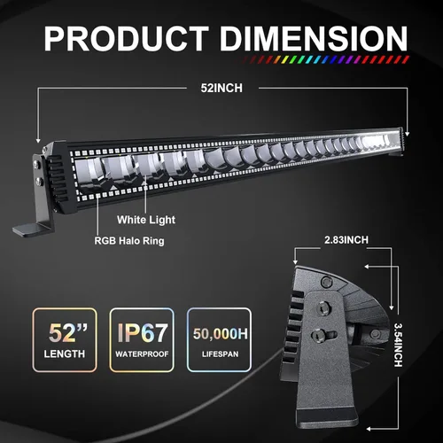 Vista 3 de Barra de luz LED RGBW de 52 pulgadas, 300W, combo de inundación y foco, 2 módulos LED RGB de inundación de 4 pulgadas con 16 colores sólidos, anillo