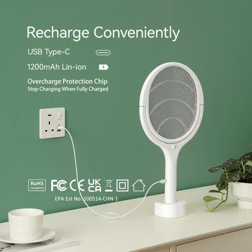 Vista 3 de Paquete de 2 raquetas eléctricas para matamoscas con cabezal giratorio, tipo C, recargable, eléctrica, exterminador de mosquitos, matamoscas