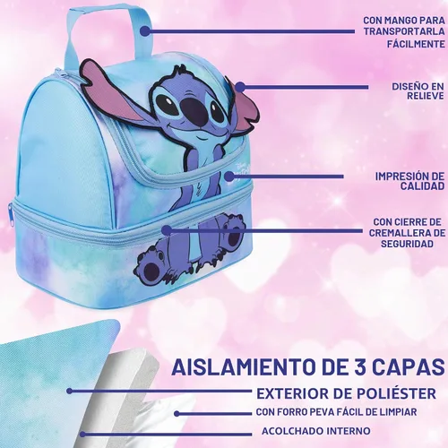Vista 5 de Get Trend Disney Stitch Girls 3D Insulated Lunch Bag with Two Compartments Reusable Kids Snack Bag, Zipped Cooler Bag with Carry Handle, Picnic Blue