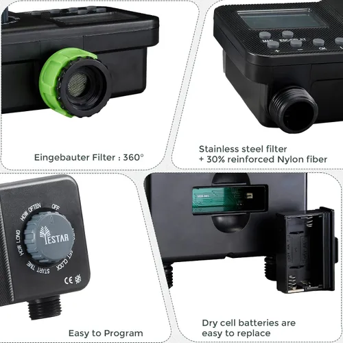 Vista 3 de Temporizador de rociador para manguera de jardín, temporizador de agua de 2 zonas, sistema de riego automático, duración de riego es de 1 min-6 h
