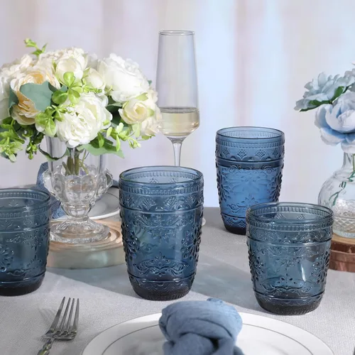 Vista 4 de abrwyy 6 vasos de vidrio de 14 onzas, vasos azules para beber, juego de cristalería de colores para fiestas, bodas, hogar, oficina, agua, jugo