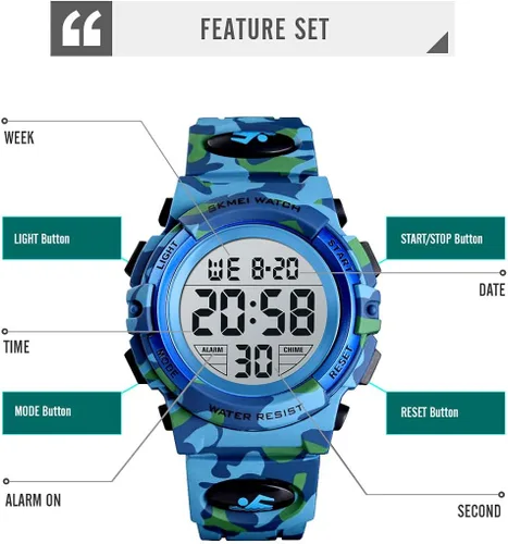 Vista 3 de FIZILI Reloj digital deportivo impermeable para niños, reloj despertador de 1224 H, cronómetro, calendario de 3 a 15 años, reloj de pulsera