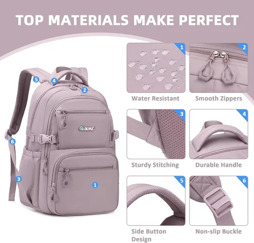 Vista 5 de ASKSKY Mochila para la escuela, mochila ligera para niños y niñas, mochila escolar para adolescentes, para hombres y mujeres, Púrpura, gris