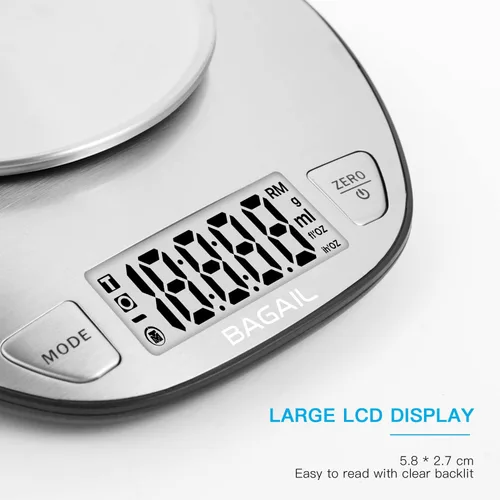 Vista 6 de BAGAIL - Báscula digital de cocina con cuenco de acero inoxidable, 11 lb/5kg 7 Weight Units, Large Clear Display, Gram Scale, For Baking &