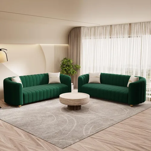 Vista 18 de Moderno juego de sofá de terciopelo negro de 3 piezas para sala de estar, juego de sofá curvado acolchado con patas de esfera de metal dorado