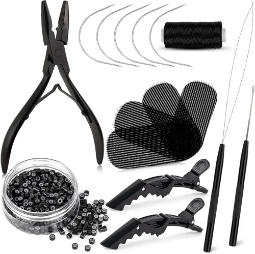 Vista 10 de NEWISHTOOL Kit de Herramientas para Extensiones de Cabello - Micro Cuentas de Silicona, Alicates para Cuentas de Acero Inoxidable, Enhebrador