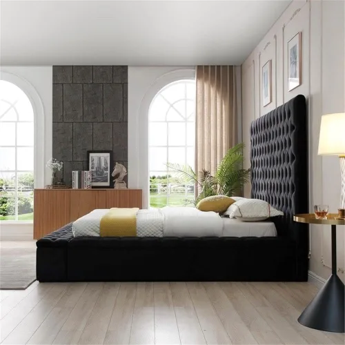 Vista 10 de Pemberly Row Cama de plataforma tamaño Queen con cabecero, pie de cama, plataforma, listones de madera en terciopelo, con almacenamiento en negro
