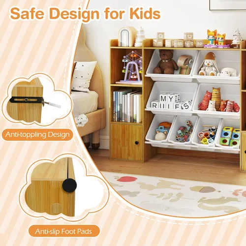 Vista 5 de HONEY JOY Organizador de almacenamiento de juguetes para niños, armario de madera de 56.5 pulgadas de largo con 8 contenedores extraíbles, estantes