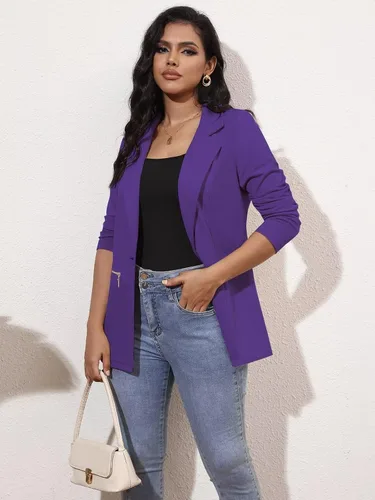 Vista 2 de Genhoo - Blazer de manga larga para mujer, cárdigan con parte delantera abierta, chaqueta de trabajo y oficina, con bolsillos y con cremallera, S-3XL