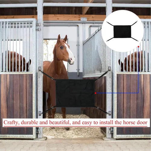 Vista 2 de Protector de parada de caballos con gancho giratorio, valla de protección para pasillo de caballo con correas ajustables, clip de metal fuerte