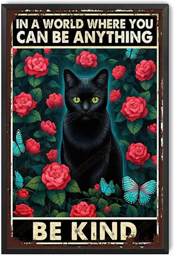 Vista 10 de TSEZLOJH Letrero de metal con diseño de gato negro en un mundo donde puedes ser cualquier cosa ser amable para decoración del hogar, 8 x 12 pulgadas