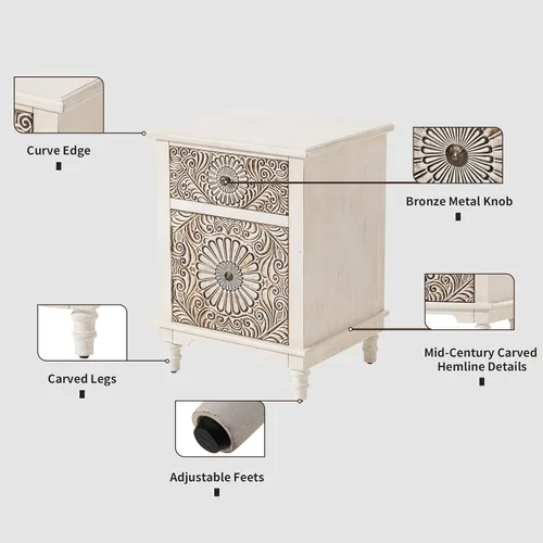 Vista 6 de HOMPUS - Mesa de noche blanca con cajón y almacenamiento, mesa de noche con motivo floral completamente ensamblada para espacios pequeños, mesa
