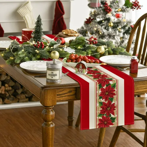 Vista 2 de Camino de mesa de flores rojas en acuarela de Navidad, 13 x 72 pulgadas, decoración de mesa navideña para el hogar, cocina, restaurante, B 13 x 72