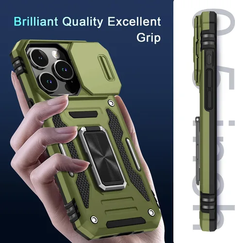 Vista 224 de DEERLAMN Funda para iPhone Xs Max con funda deslizante para cámara + protector de pantalla, soporte giratorio de anillo de grado militar a prueba