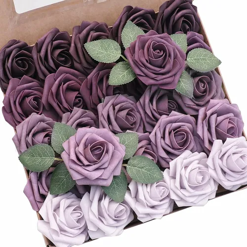 Vista 8 de Floroom Flores artificiales, 25 piezas de rosas falsas de espuma de color verde azulado de aspecto real con tallos para bricolaje, ramos de boda