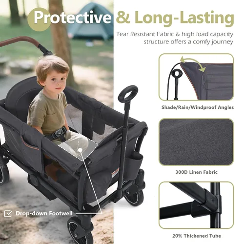 Vista 4 de Kinder King Wagon - Cochecito para 2 niños, barra de empuje/tracción ajustable, color gris