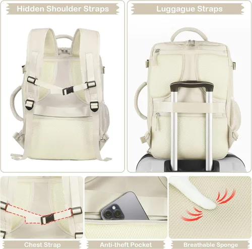 Vista 7 de Hanples Mochila de viaje para mujeres y hombres, mochila grande para artículos personales, mochila para laptop aprobada por la TSA Flight, Beige