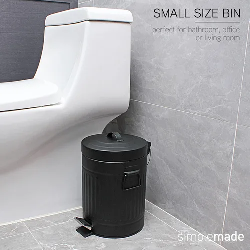 Vista 5 de SIMPLEMADE Cubo de basura redondo con pedal, acero inoxidable con tapa, pequeño cesto de metal/cubo de basura para baño, oficina, negro, 5 litros