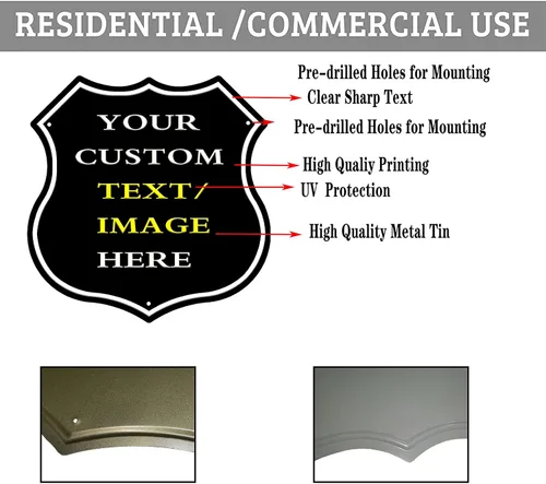 Vista 3 de Letreros de metal personalizados con forma de escudo, letreros de estaño personalizados con imagen de texto, imagen, letreros de aluminio