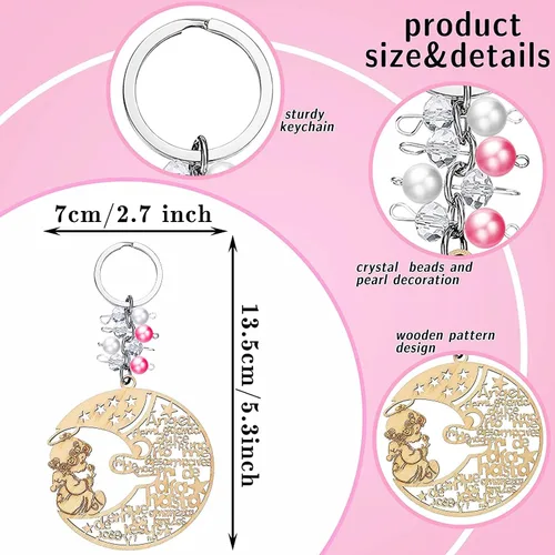 Vista 2 de YRP 12 piezas de bautismo rosa niña madera ángel luna diseño llavero bautismo favores con ángeles para niño y niña recuerdos de bautizo con bolsas
