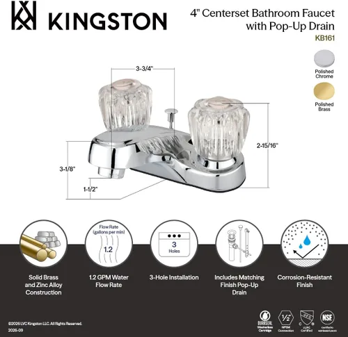 Vista 3 de Kingston KB161 - Grifo de baño central de 4 pulgadas, cromo pulido