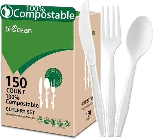 Vista 8 de 100% Compostable Sin Plástico Cuchillos, Tenedores, Cucharas, Utensilios, Los Cubiertos Pesados de Servicio Pesado son Productos Ecológicos