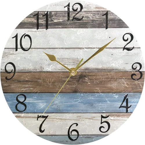 Vista 18 de Reloj de pared rústico retro con puerta de granero de madera, marrón, azul, funciona con pilas, silencioso, sin tictac, 10 pulgadas, reloj de mesa