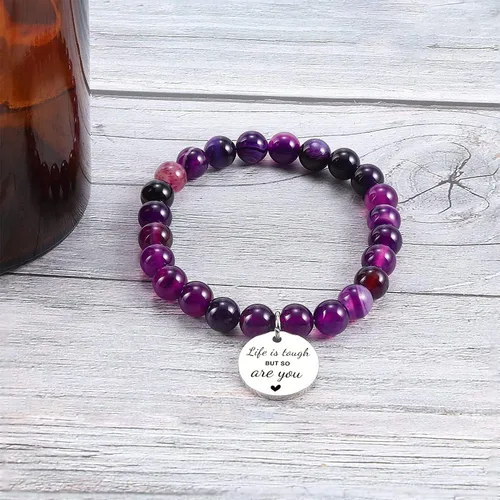 Vista 6 de Haoze Regalos para mujeres, cuentas de amatista, Life is Tough But So Are You, pulsera inspiradora Feel Better Get Well Soon, regalo para mujeres