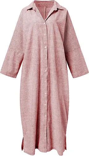 Vista 2 de utcoco Vestido largo de manga larga a rayas para mujer, casual, holgado, con botones, de algodón