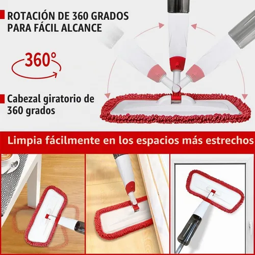 Vista 2 de Trapeador de microfibra para limpieza de suelos con 3 almohadillas lavables 700ML refillable bottle, 360° swivel head, scrubber included, wet/dry