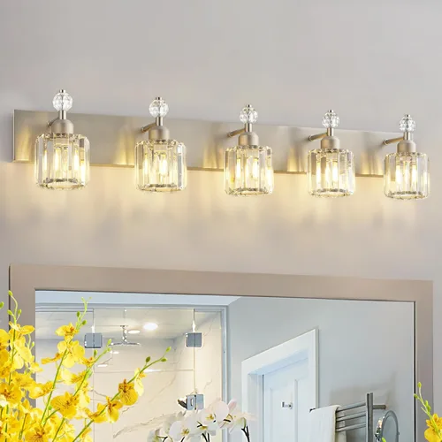 Vista 9 de PRESDE Aplique de pared de cristal único, lámpara de tocador cromada moderna, lámpara de pared de 1 luz para baño, dormitorio, pasillo