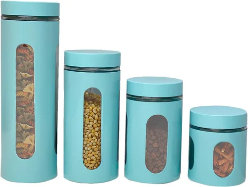 Vista 12 de Conjunto de botes de cocina retro para encimera (juego de 3 piezas) turquesa de Home Basics - Contiene ventanas transparentes; ideal para harina
