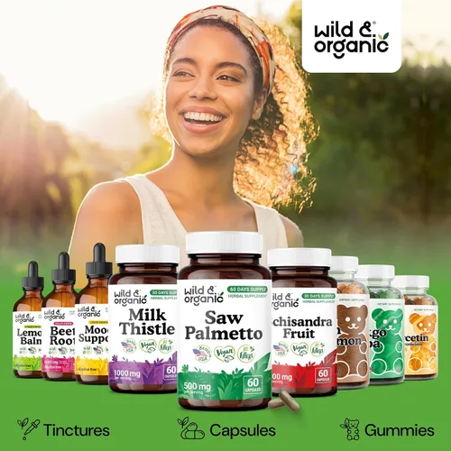 Vista 6 de Wild & Organic Cápsulas Saw Palmetto de 500 mg - Soporte del tracto urinario para hombres y mujeres - Suplemento en polvo de palma enana pura