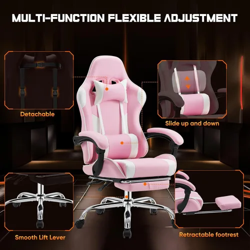 Vista 5 de DUMOS - Silla de escritorio de oficina para juegos con reposapiés y reposacabezas para adultos, silla ergonómica de piel sintética para computadora