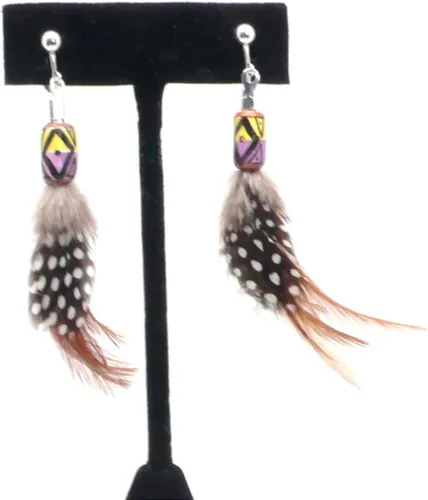 Vista 4 de Natural Feather Ethnic Fusion Earrings Peruvian Ceramic Yellow Lilac Black