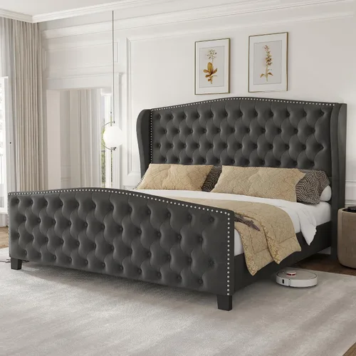 Vista 10 de LARMACE Base de cama tamaño Queen con tapizado de terciopelo, cama de plataforma con cabecera y pie de ala, base de cama con botones profundos