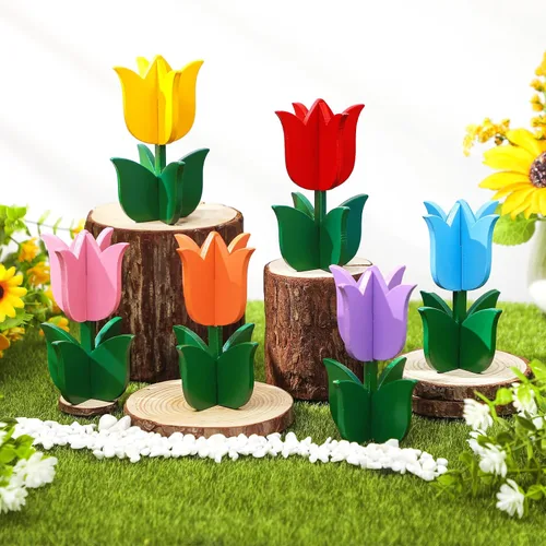 Vista 7 de Yuntau 6 letreros de madera de tulipanes de primavera, decoración de mesa retro, tulipanes de granja, decoración de mesa, centro de mesa, bandeja