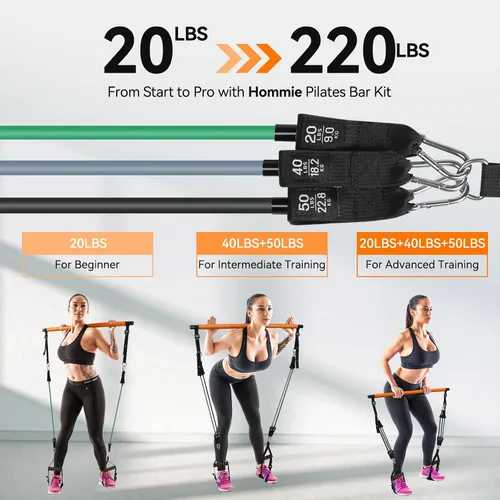 Vista 3 de Hommie Kit de barra de pilates portátil con bandas de resistencia para hombres y mujeres, barra de pilates mejorada de 3 secciones con bandas