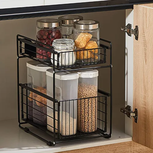 Vista 2 de Cesta deslizante de 2 niveles para gabinete con cajón deslizante debajo del fregadero, estante de almacenamiento para encimera de cocina, despensa